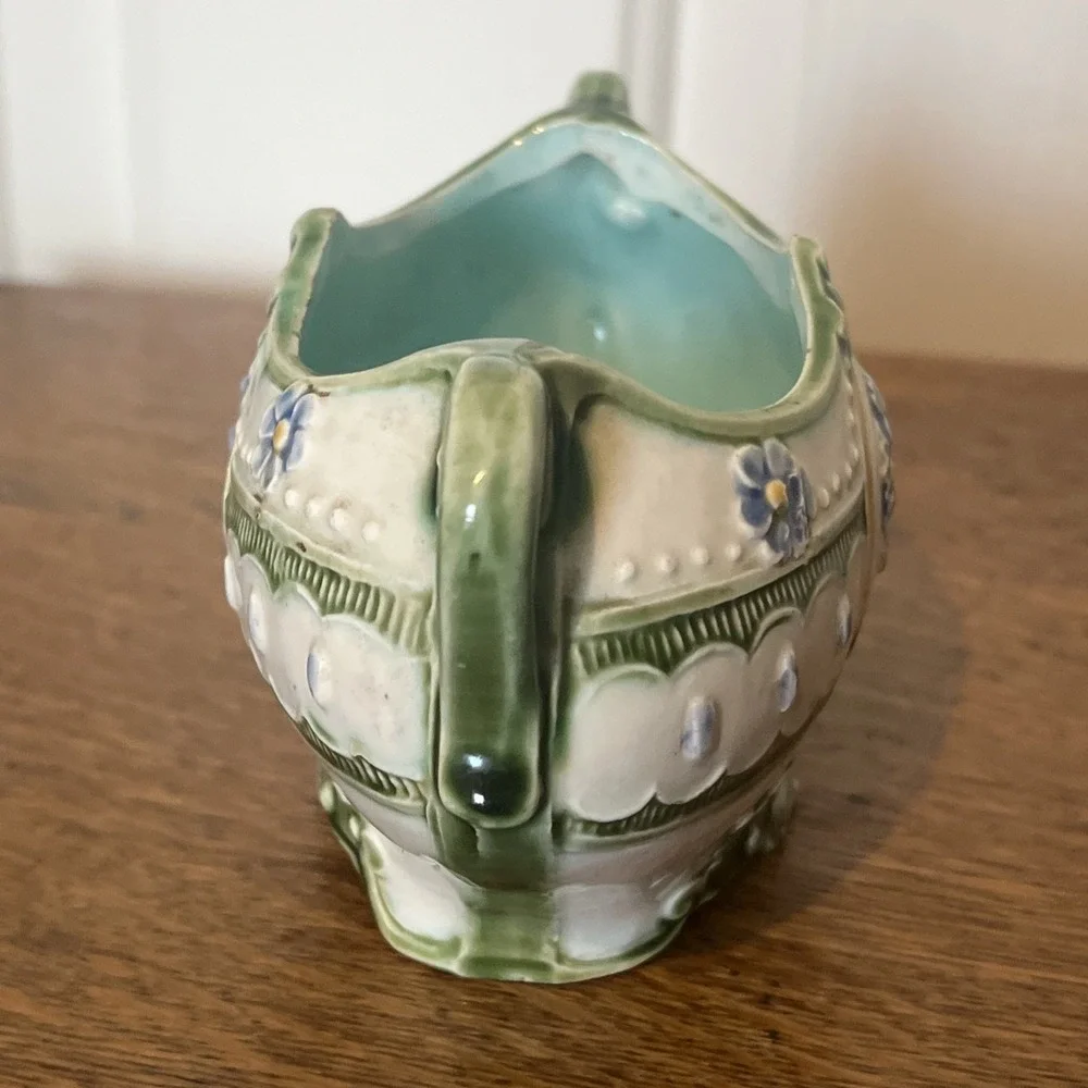 Antique Green/Lavender Majolica Art Nouveau Jardinière Floral 6” x 3” ~Hairline